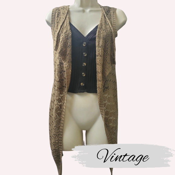 Vintage Khaki Green Boho Crochet Vest - Picture 1 of 11